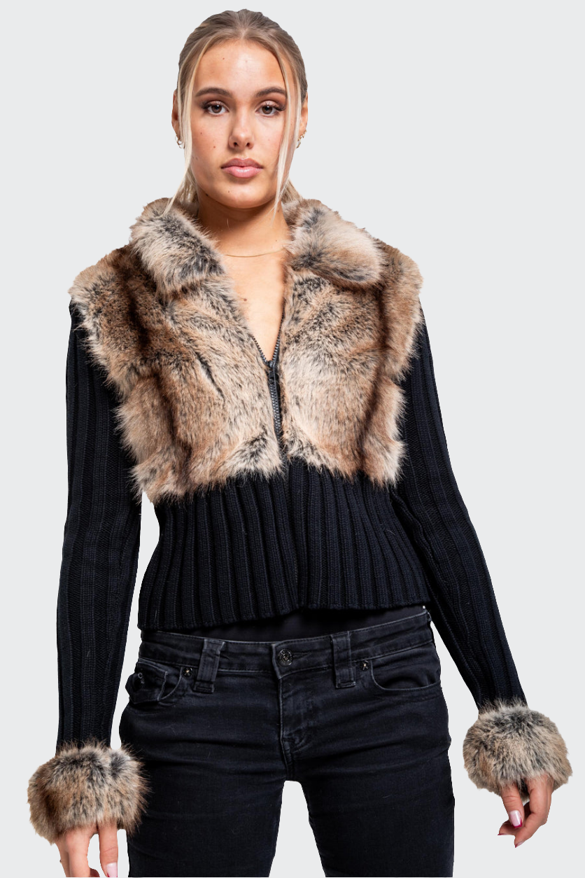 Ivory Fur Cardigan - Black