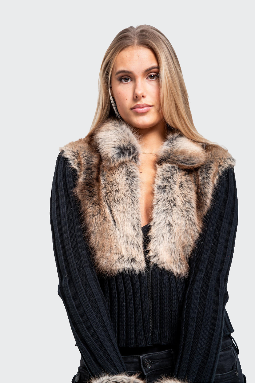 Ivory Fur Cardigan - Black